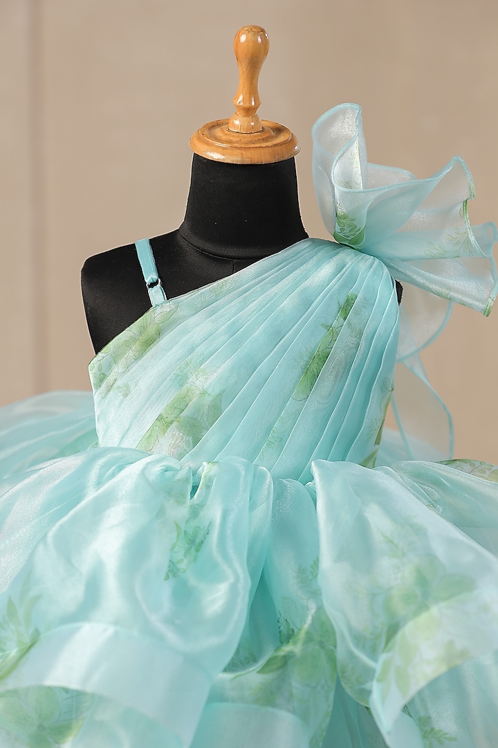Sea Blue Organza Satin Floral Printed One-Shoulder Dress For Girls by Casa Ninos at Pernia's Pop Up Shop