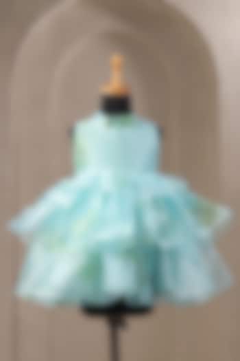 Sea Blue Organza Satin Floral Printed Dress For Girls by Casa Ninos at Pernia's Pop Up Shop