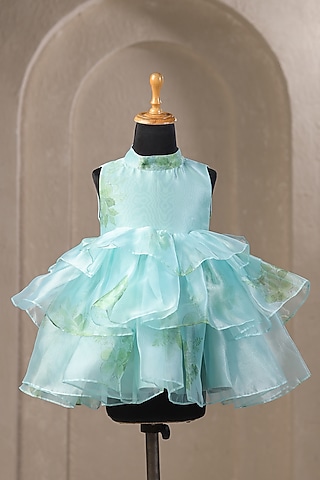 Sea Blue Organza Satin Floral Printed Dress For Girls by Casa Ninos
