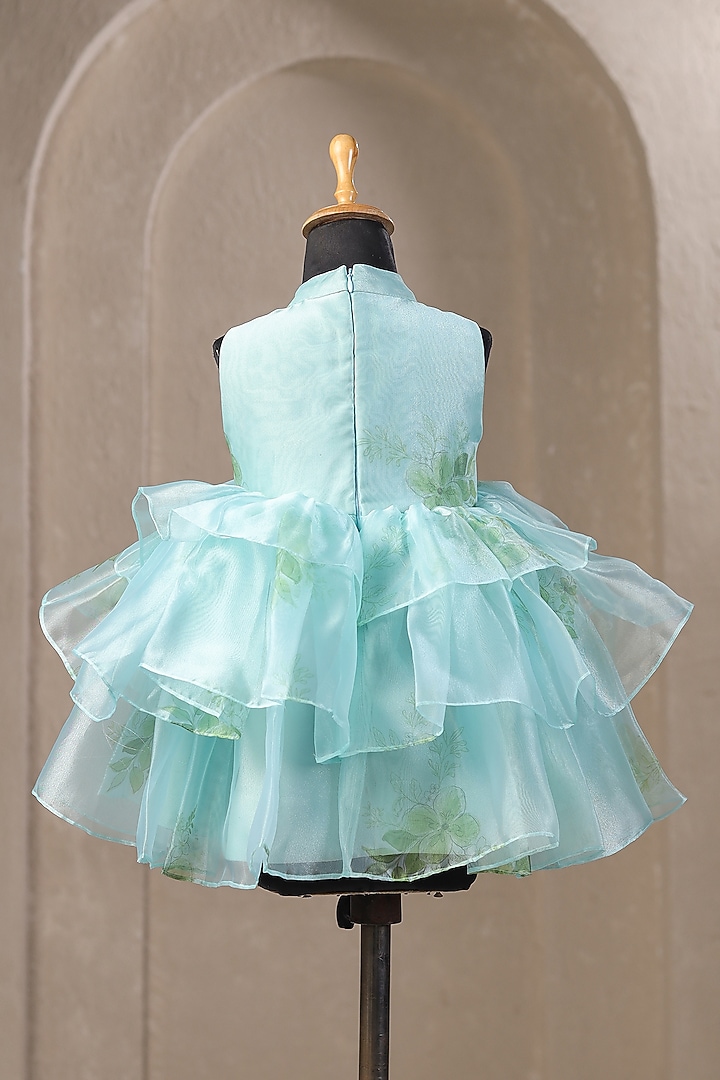 Sea Blue Organza Satin Floral Printed Dress For Girls by Casa Ninos at Pernia's Pop Up Shop