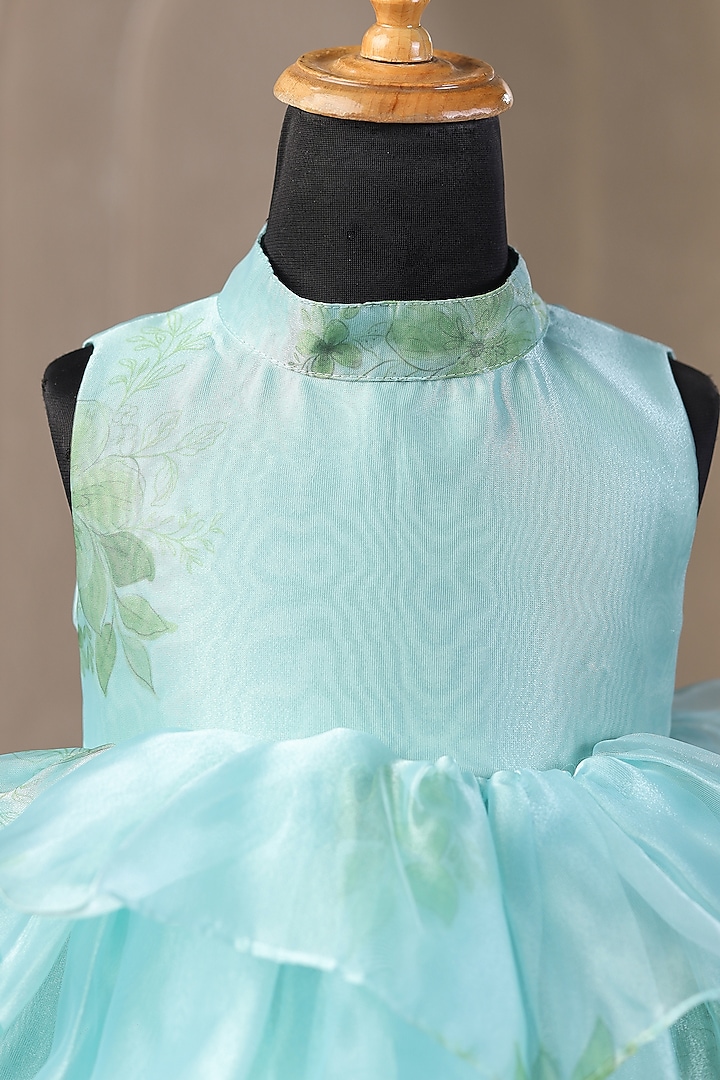 Sea Blue Organza Satin Floral Printed Dress For Girls by Casa Ninos at Pernia's Pop Up Shop