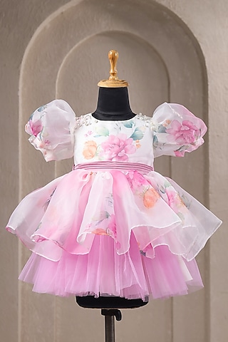 White & Pink Organza Satin Floral Printed Dress For Girls by Casa Ninos