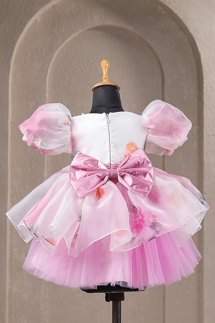 White & Pink Organza Satin Floral Printed Dress For Girls by Casa Ninos at Pernia's Pop Up Shop