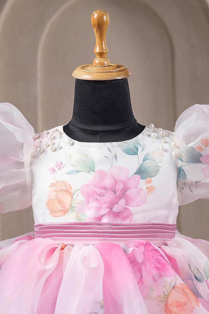 White & Pink Organza Satin Floral Printed Dress For Girls by Casa Ninos at Pernia's Pop Up Shop
