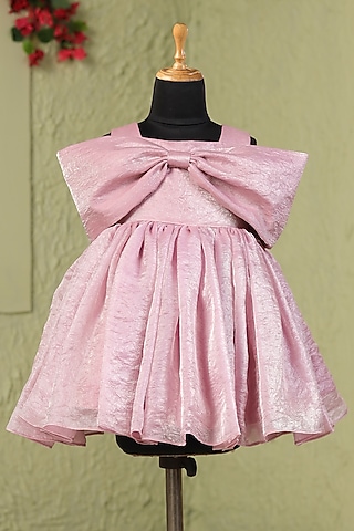Pink & White Satin Bow Embellished Dress For Girls by Casa Ninos