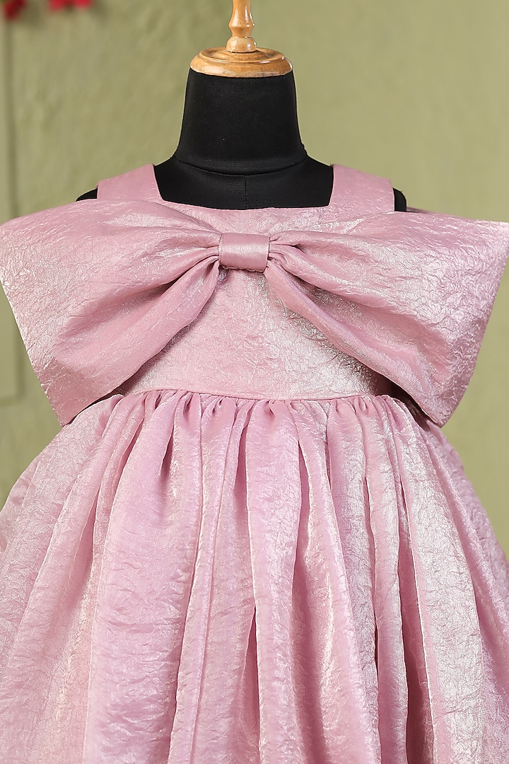 Pink & White Satin Bow Embellished Dress For Girls by Casa Ninos at Pernia's Pop Up Shop