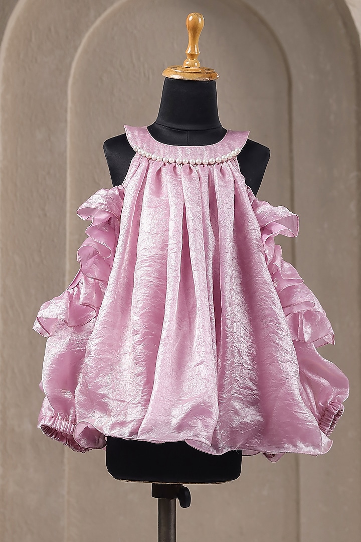 Pink Satin Pearl Embellished Dress For Girls by Casa Ninos at Pernia's Pop Up Shop