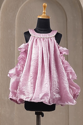 Pink Satin Pearl Embellished Dress For Girls by Casa Ninos