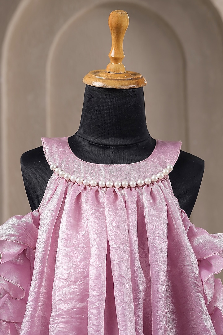 Pink Satin Pearl Embellished Dress For Girls by Casa Ninos at Pernia's Pop Up Shop