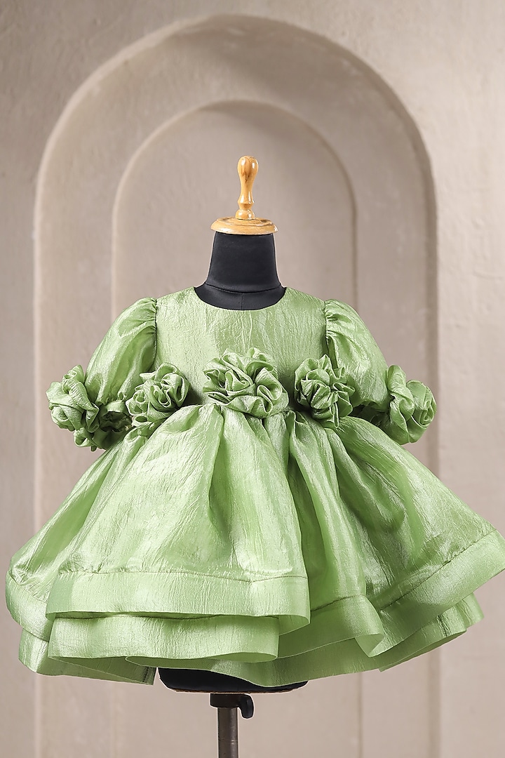 Green Crushed Tissue Floral Work Dress For Girls by Casa Ninos at Pernia's Pop Up Shop