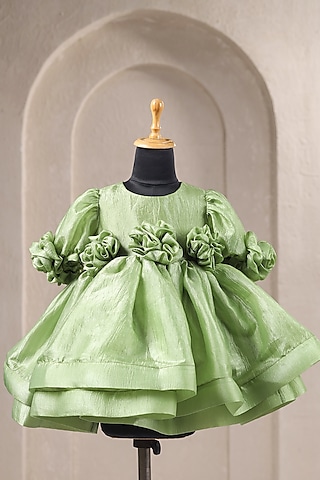 Green Crushed Tissue Floral Work Dress For Girls by Casa Ninos