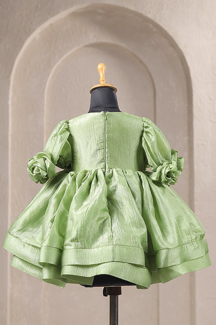 Green Crushed Tissue Floral Work Dress For Girls by Casa Ninos at Pernia's Pop Up Shop