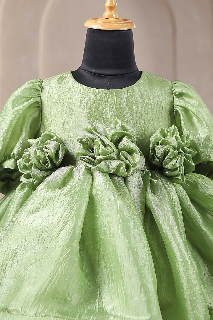 Green Crushed Tissue Floral Work Dress For Girls by Casa Ninos at Pernia's Pop Up Shop