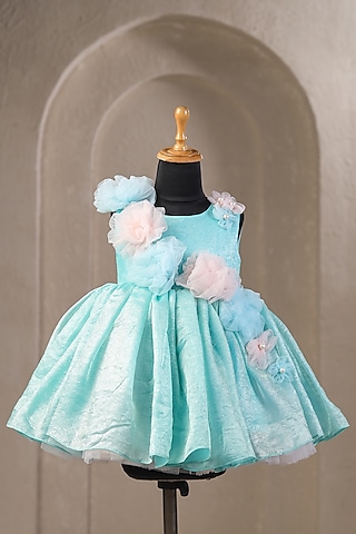 Blue Satin Floral Embellished Dress For Girls by Casa Ninos