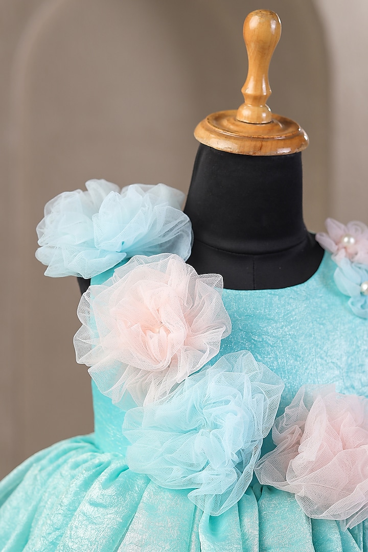 Blue Satin Floral Embellished Dress For Girls by Casa Ninos at Pernia's Pop Up Shop