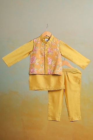 Yellow Cotton Floral Printed Nehru Jacket Set For Boys by Casa Ninos
