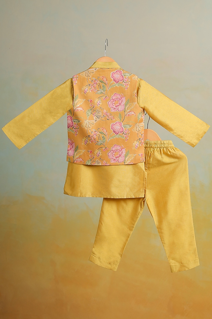 Yellow Cotton Floral Printed Nehru Jacket Set For Boys by Casa Ninos at Pernia's Pop Up Shop