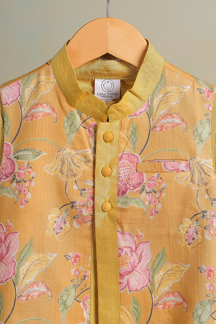 Yellow Cotton Floral Printed Nehru Jacket Set For Boys by Casa Ninos at Pernia's Pop Up Shop