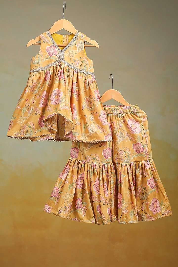 Yellow Cotton Floral Printed Sharara Set For Girls by Casa Ninos at Pernia's Pop Up Shop