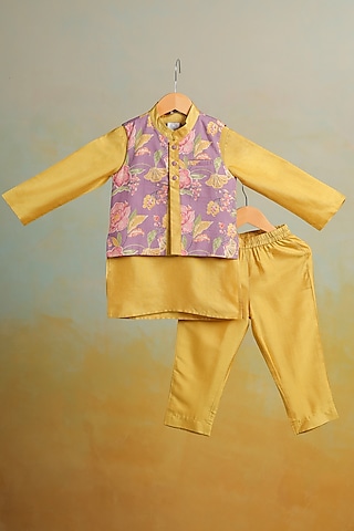 Purple Cotton Floral Printed Nehru Jacket Set For Boys by Casa Ninos