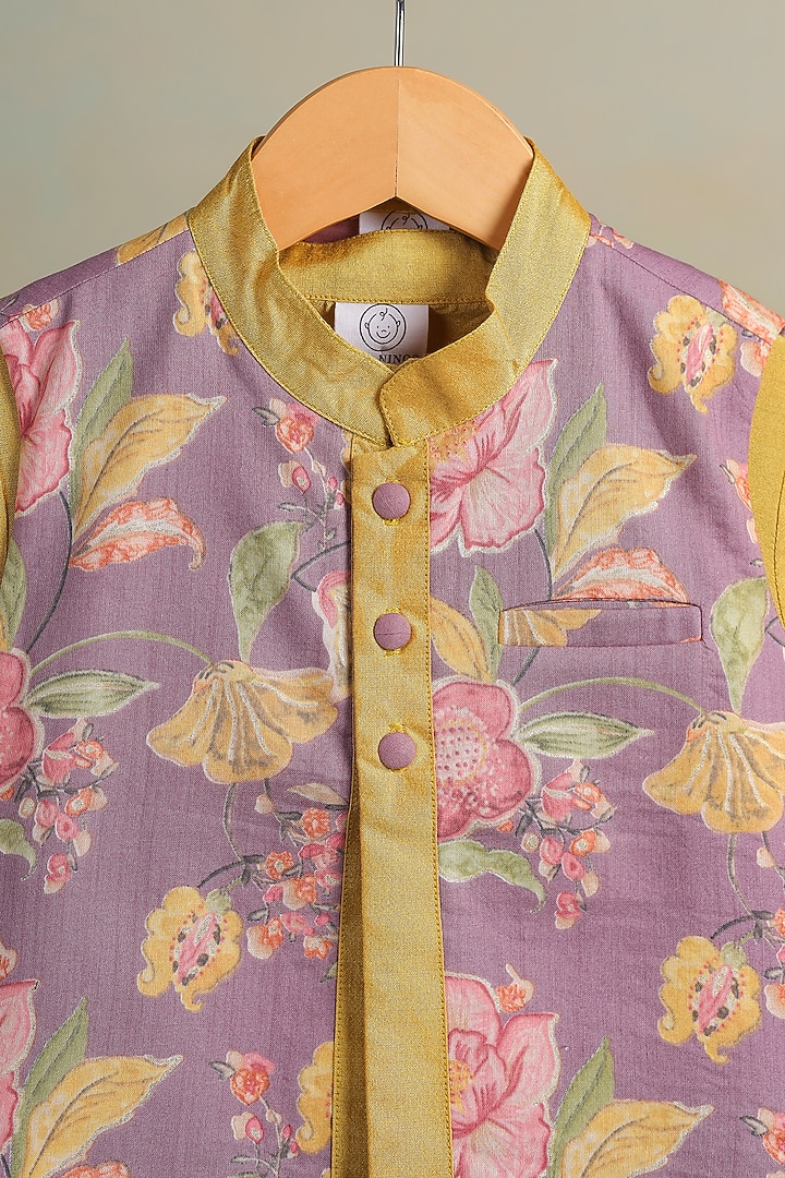 Purple Cotton Floral Printed Nehru Jacket Set For Boys by Casa Ninos at Pernia's Pop Up Shop