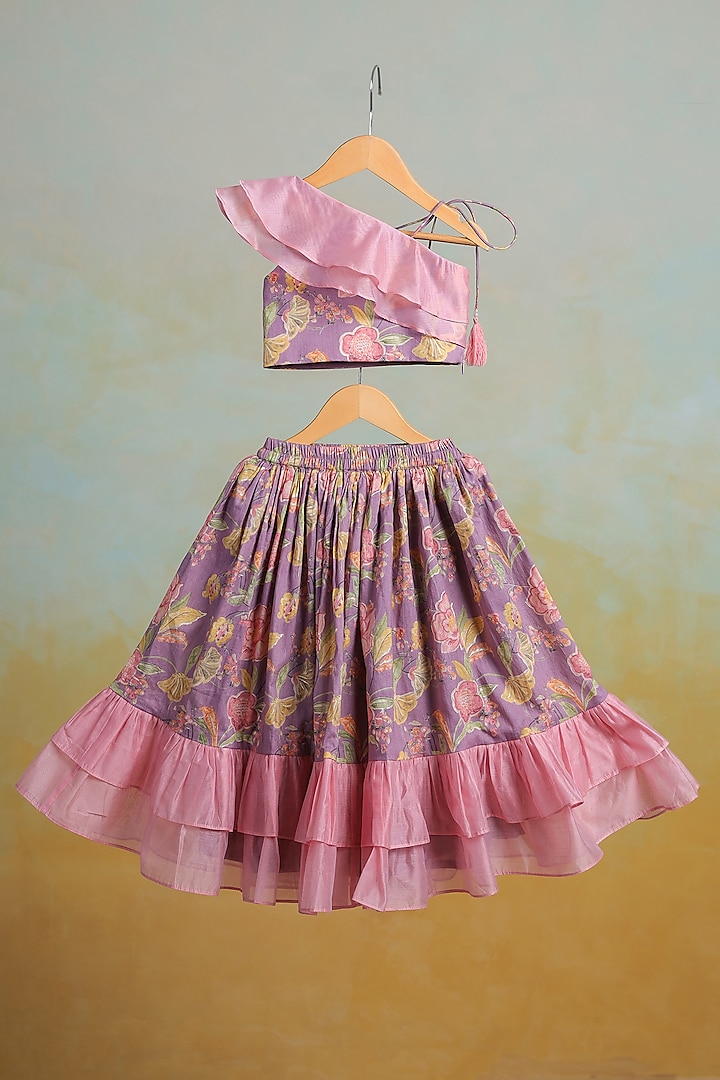 Purple Cotton Floral Printed Lehenga Set For Girls by Casa Ninos at Pernia's Pop Up Shop