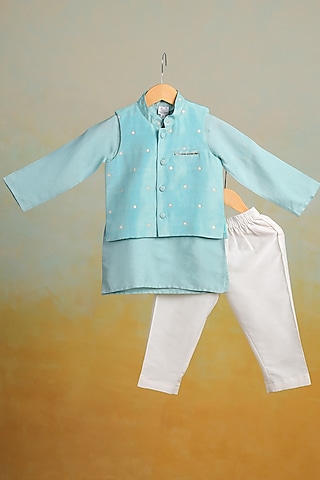 Blue Tissue Nehru Jacket Set For Boys by Casa Ninos