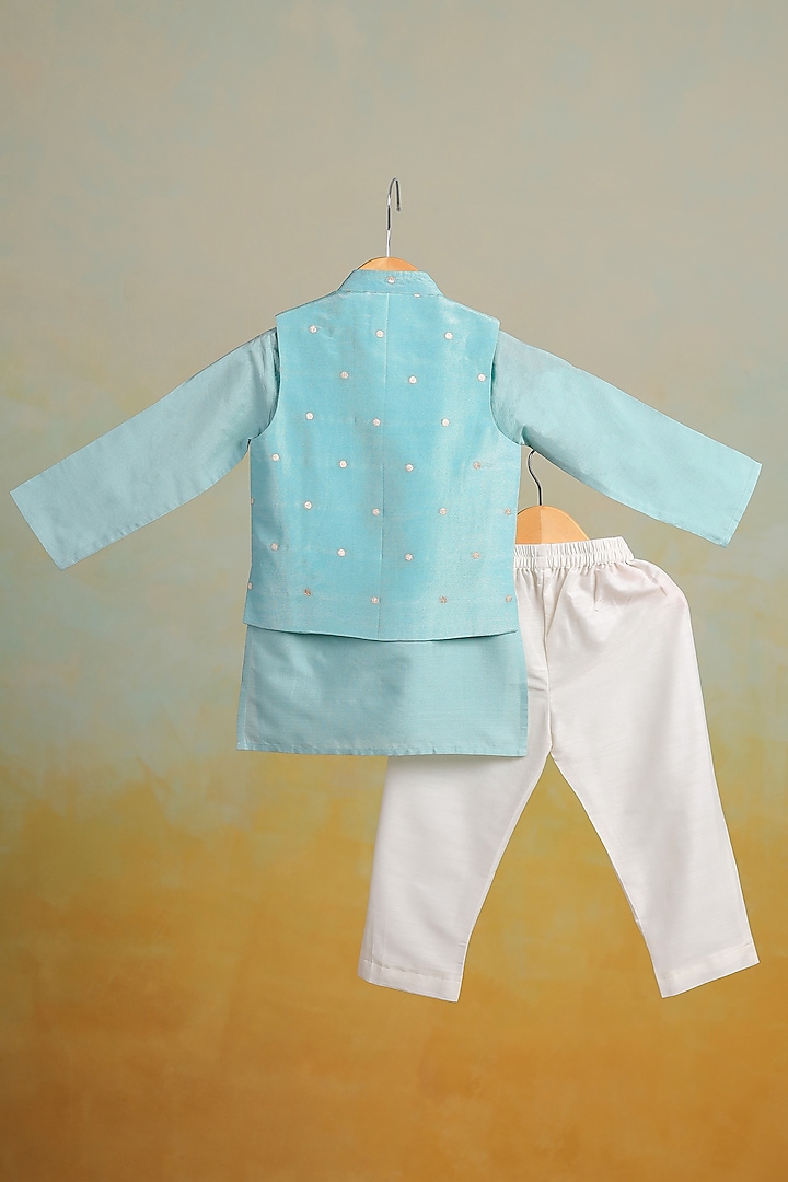 Blue Tissue Nehru Jacket Set For Boys by Casa Ninos at Pernia's Pop Up Shop