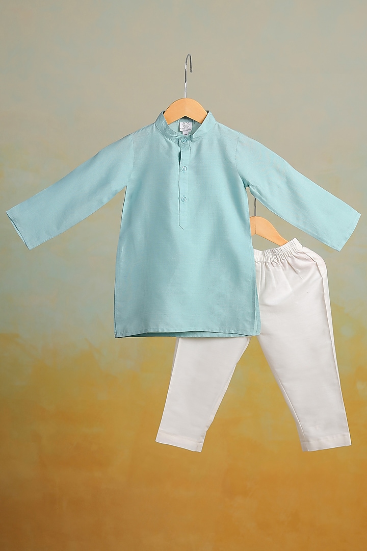 Blue Tissue Nehru Jacket Set For Boys by Casa Ninos at Pernia's Pop Up Shop