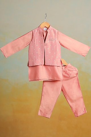 Peach Tissue Embroidered Embroidered Nehru Jacket Set For Boys by Casa Ninos