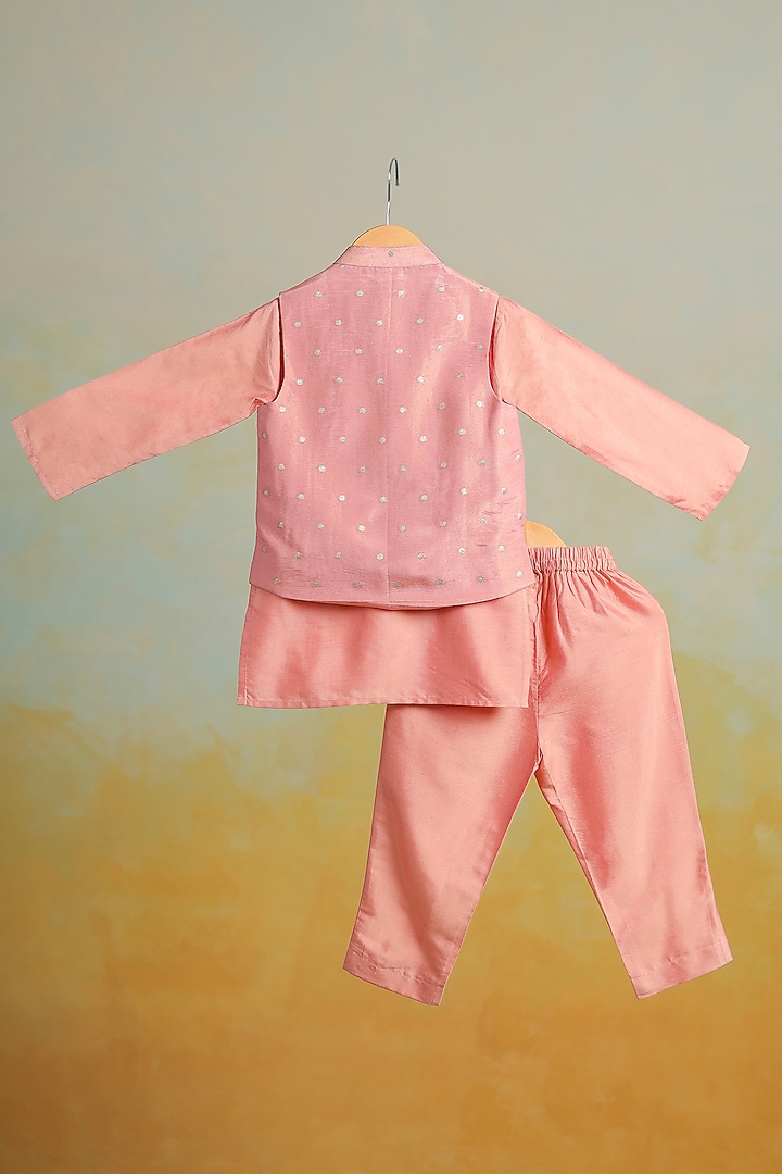 Peach Tissue Embroidered Embroidered Nehru Jacket Set For Boys by Casa Ninos at Pernia's Pop Up Shop