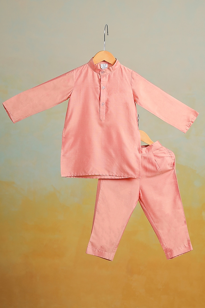 Peach Tissue Embroidered Embroidered Nehru Jacket Set For Boys by Casa Ninos at Pernia's Pop Up Shop