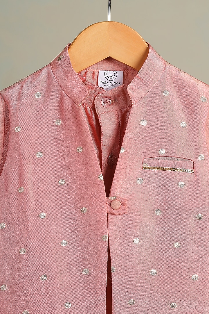Peach Tissue Embroidered Embroidered Nehru Jacket Set For Boys by Casa Ninos at Pernia's Pop Up Shop