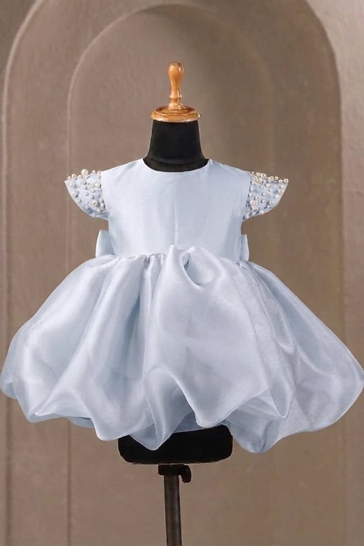 Light Blue Organza Pearl Embellished Dress For Girls by Casa Ninos at Pernia's Pop Up Shop
