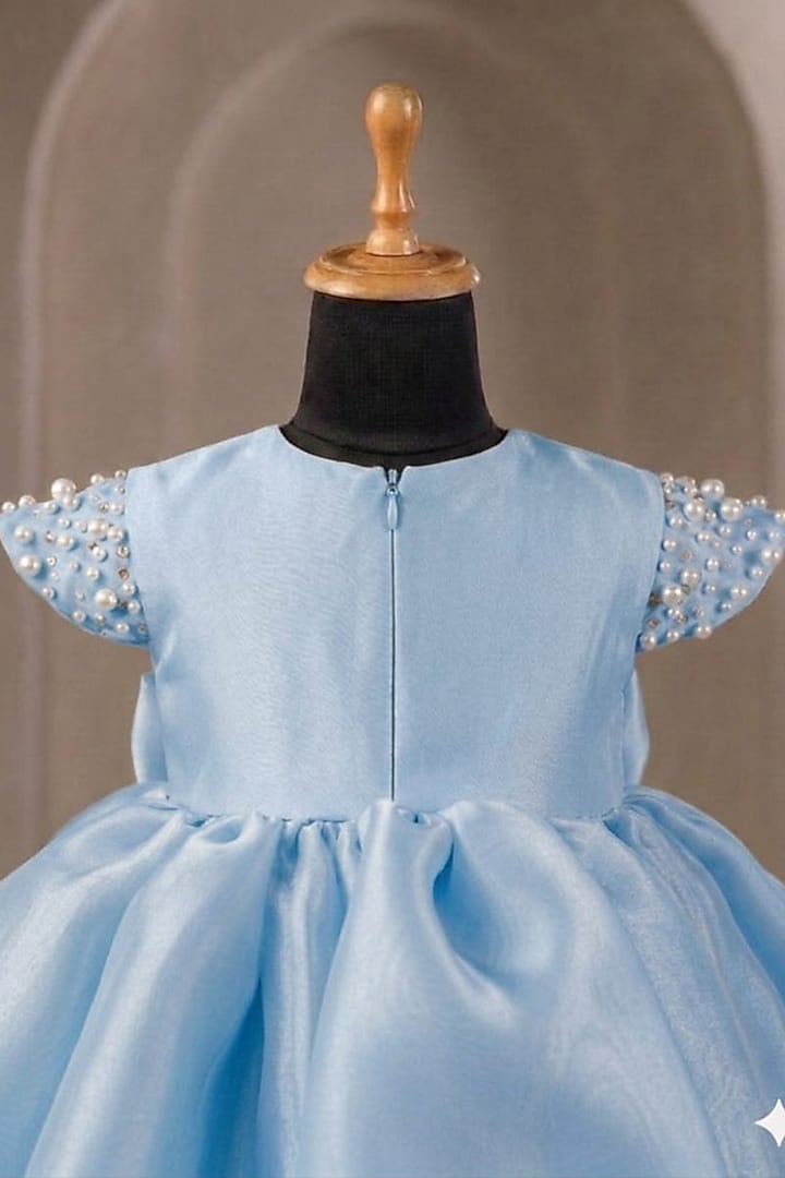 Light Blue Organza Pearl Embellished Dress For Girls by Casa Ninos at Pernia's Pop Up Shop