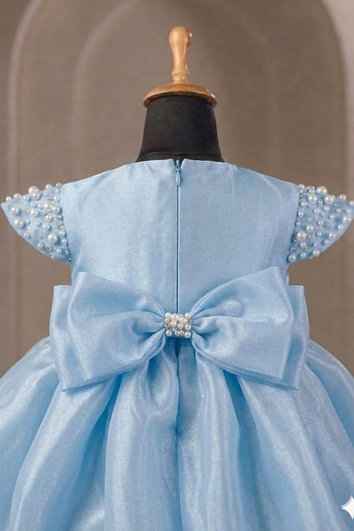 Light Blue Organza Pearl Embellished Dress For Girls by Casa Ninos at Pernia's Pop Up Shop