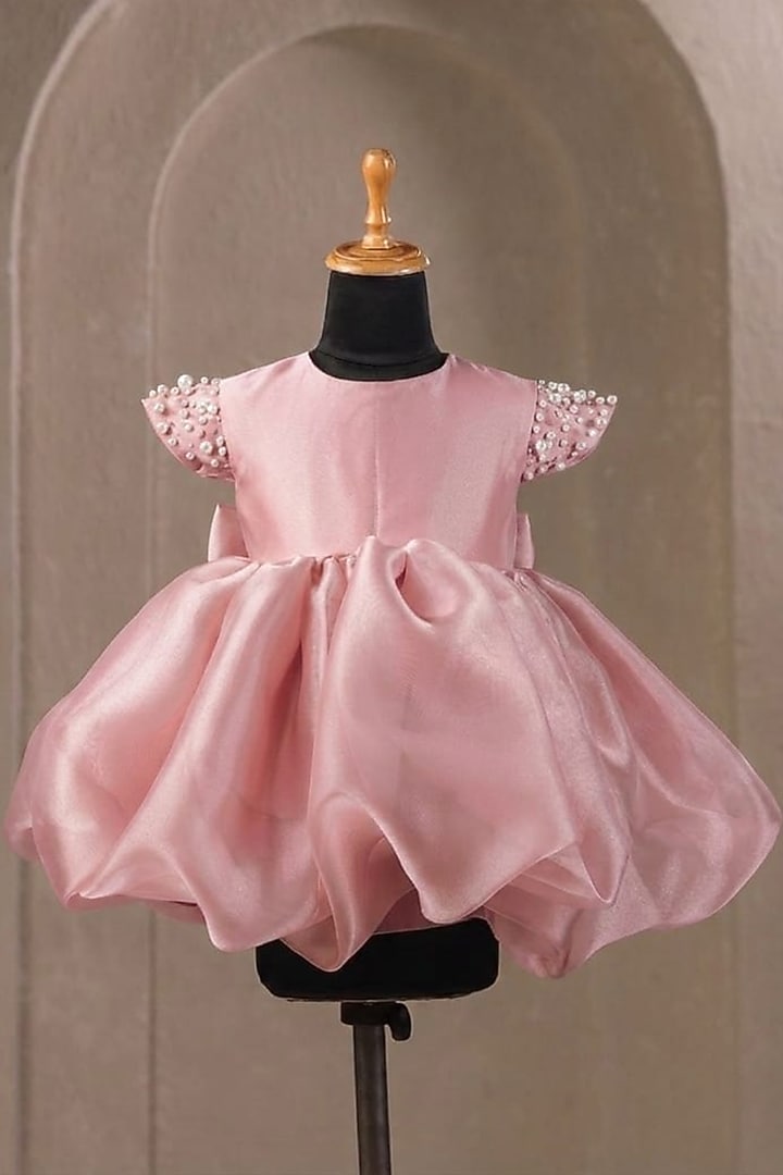 Onion Pink Organza Pearl Embellished Dress For Girls by Casa Ninos at Pernia's Pop Up Shop