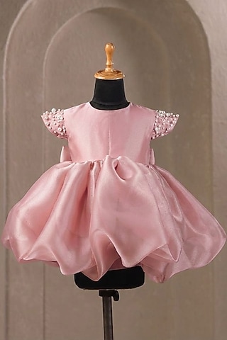 Onion Pink Organza Pearl Embellished Dress For Girls by Casa Ninos