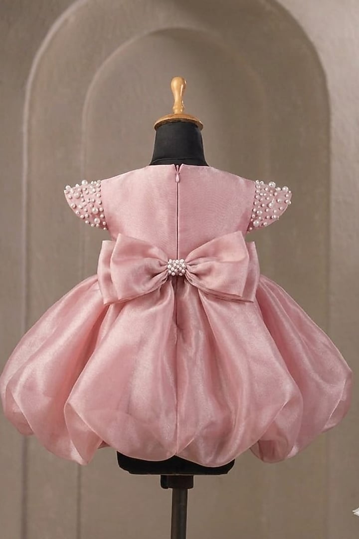 Onion Pink Organza Pearl Embellished Dress For Girls by Casa Ninos at Pernia's Pop Up Shop
