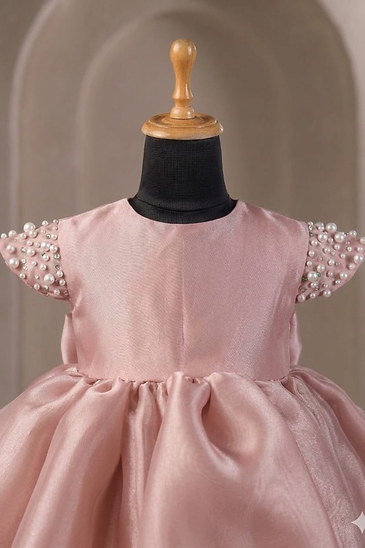 Onion Pink Organza Pearl Embellished Dress For Girls by Casa Ninos at Pernia's Pop Up Shop