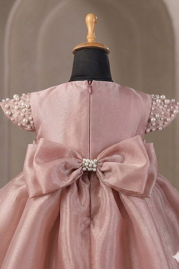 Onion Pink Organza Pearl Embellished Dress For Girls by Casa Ninos at Pernia's Pop Up Shop