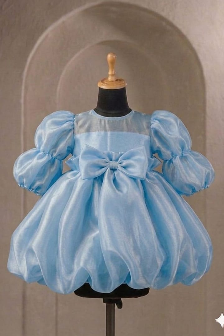 Blue Organza Bow Dress For Girls by Casa Ninos at Pernia's Pop Up Shop