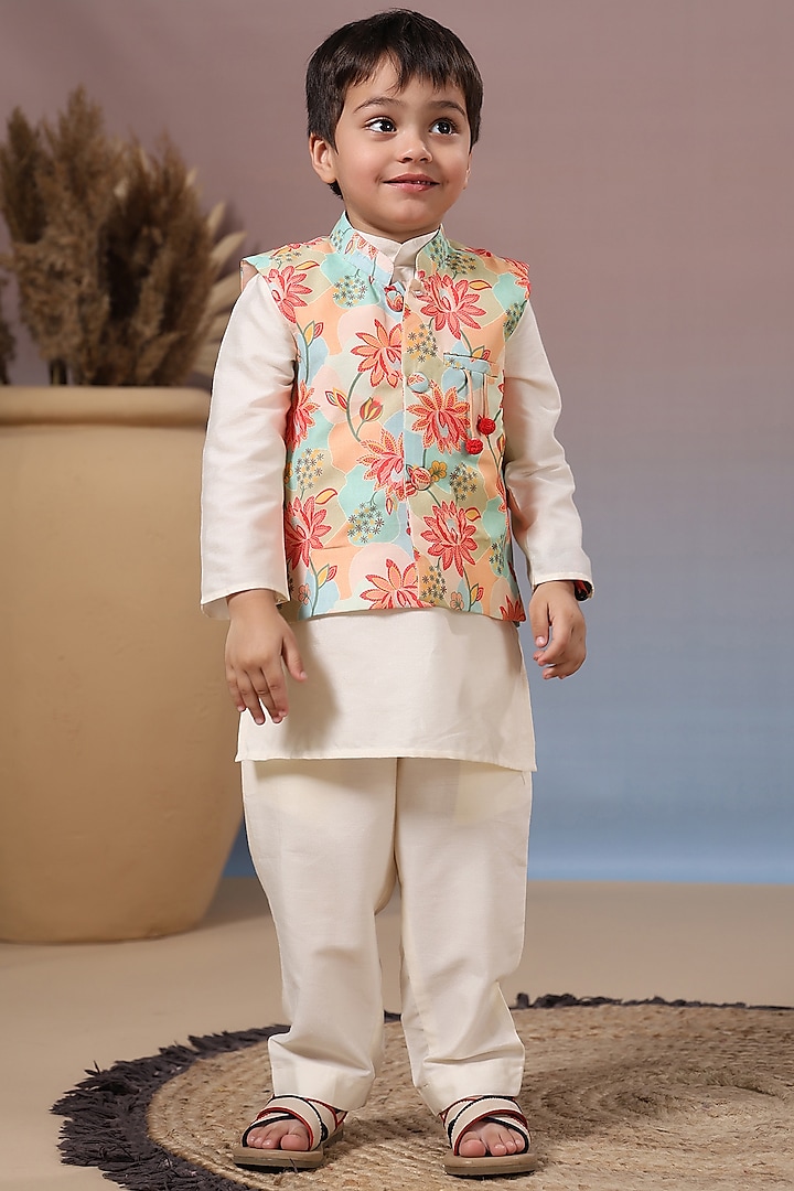 Multi-Colored Muslin Floral Printed Jacket Set For Boys by Casa Ninos