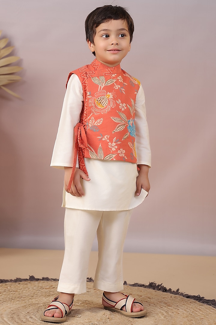 Rust Cotton Block Printed Nehru Jacket Set For Boys by Casa Ninos