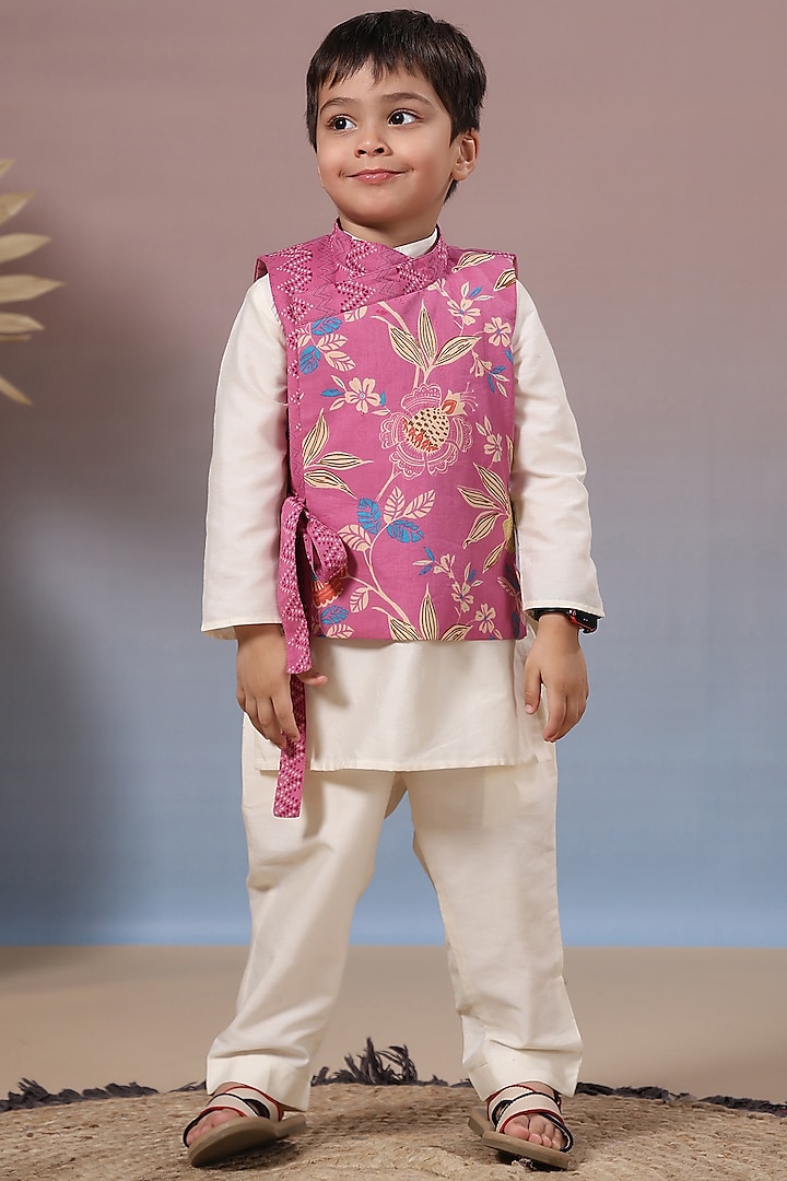 Purple Cotton Block Nehru Printed Jacket Set For Boys by Casa Ninos