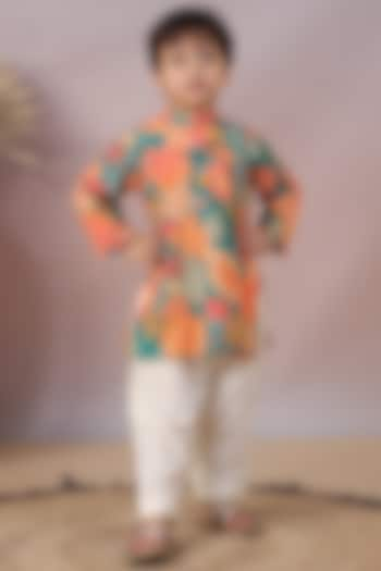 Green Muslin Floral Printed Kurta Set For Boys by Casa Ninos