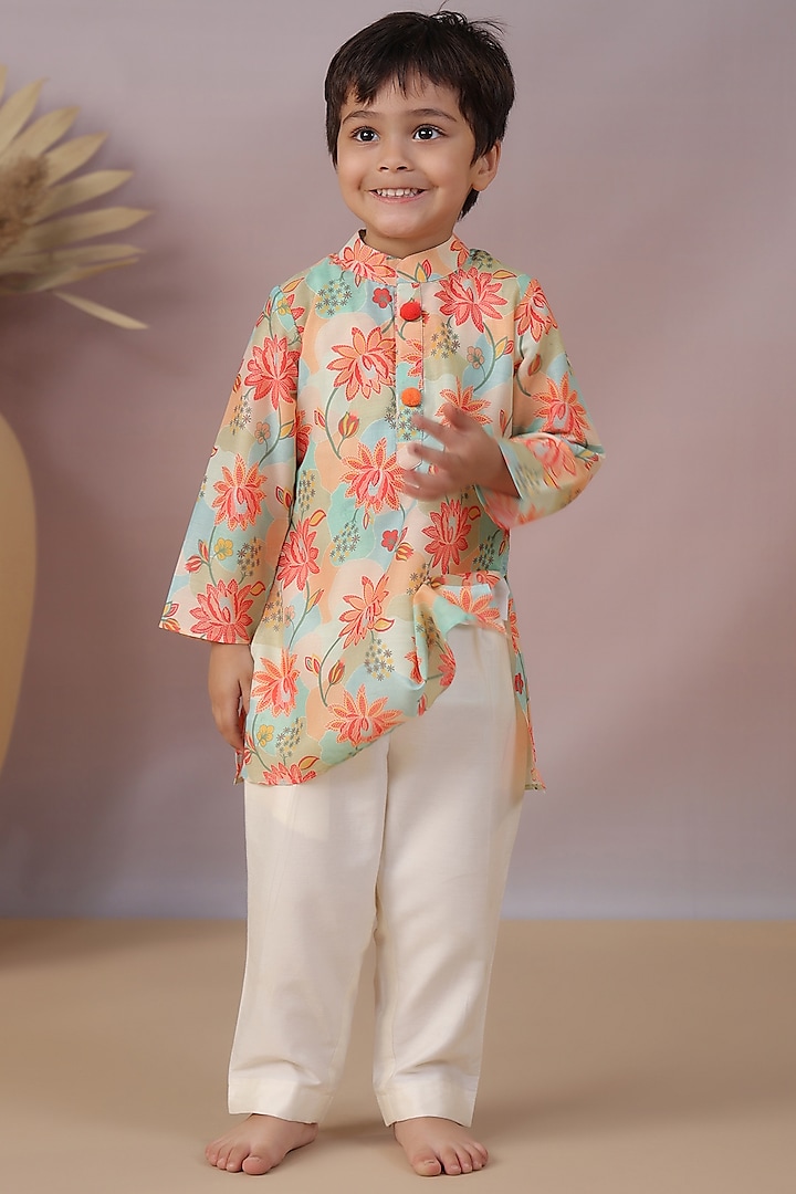 Multi-Colored Muslin Floral Printed Kurta Set For Boys by Casa Ninos