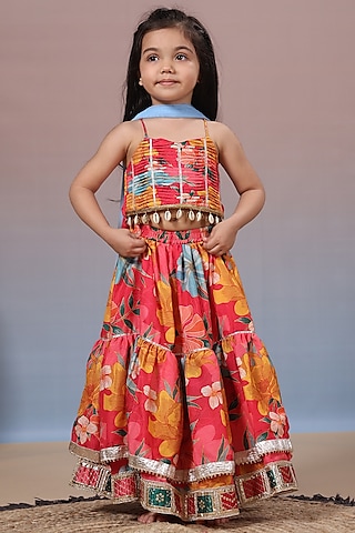 Red Muslin Floral Printed Lehenga Set For Girls by Casa Ninos