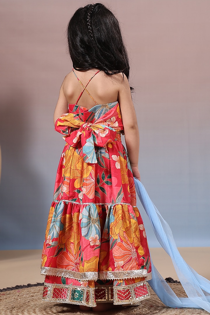 Red Muslin Floral Printed Lehenga Set For Girls by Casa Ninos at Pernia's Pop Up Shop