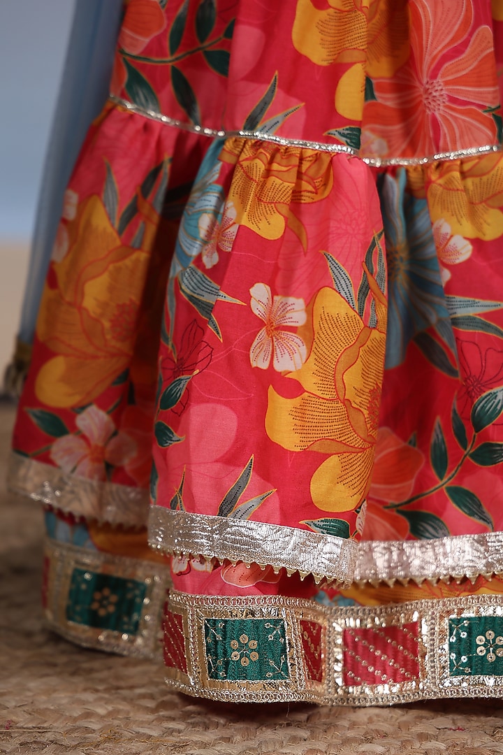 Red Muslin Floral Printed Lehenga Set For Girls by Casa Ninos at Pernia's Pop Up Shop